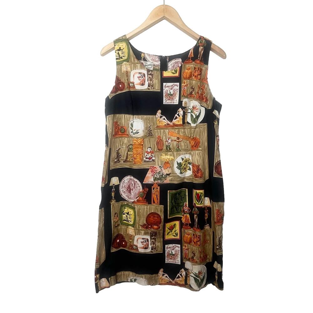 Hilo Hattie Hawaiian Print Dress Women’s Sz 12 Black Tropical Novelty Vintage